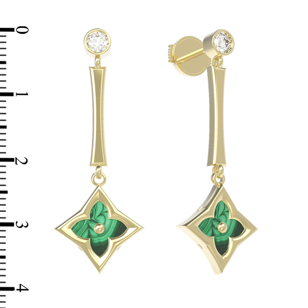 Серьги из лимонного золота c фианитом и малахитом