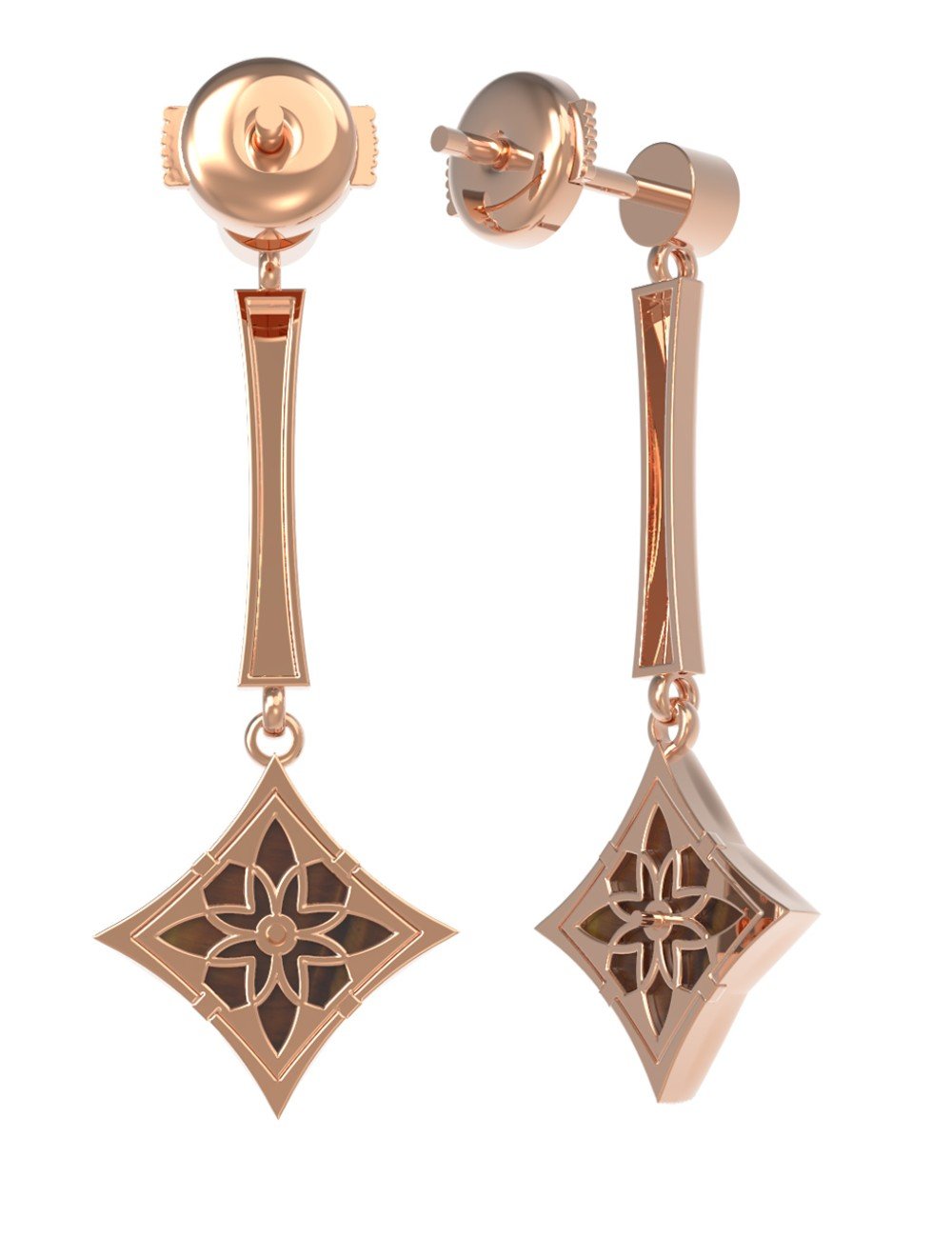 Серьги из золота 585 пробы c фианитом и тигровым глазом