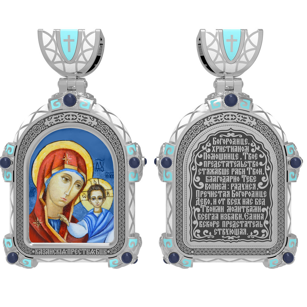 Образок из белого золота c эмаль , иконописью и темперой