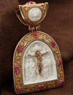 Образок из золота 585 пробы c эмалью, рубином и бивнем мамонта