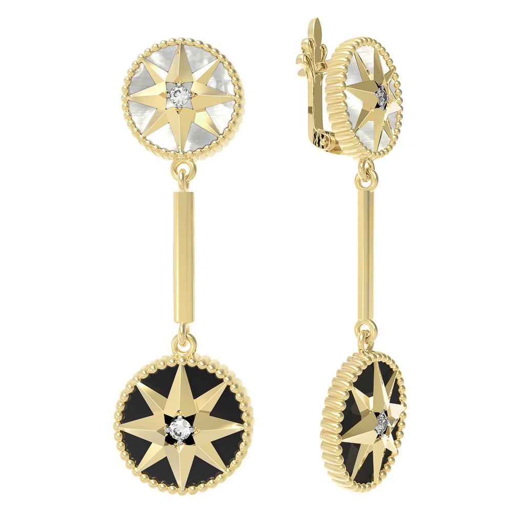 Серьги из лимонного золота c фианитом, ониксом и перламутром