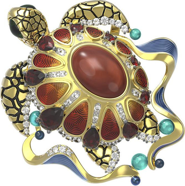 Подвеска из лимонного золота c эмаль , фианитом, гранатом и янтарём