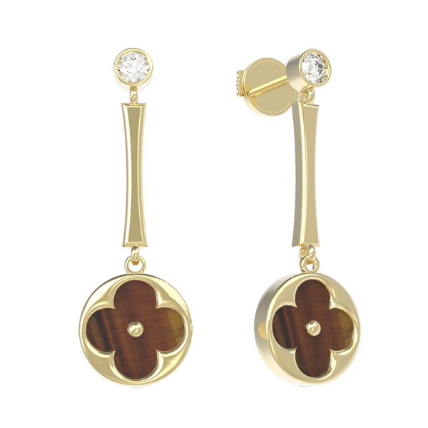 Серьги из лимонного золота c фианитом и тигровым глазом