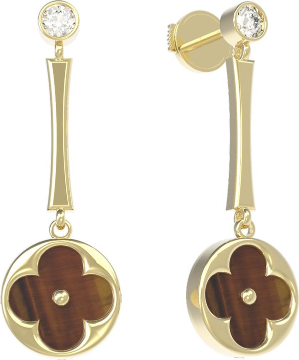 Серьги из лимонного золота c фианитом и тигровым глазом