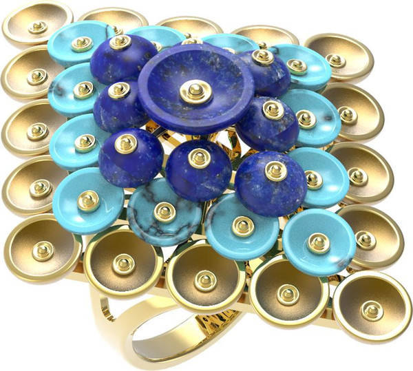 Кольцо из лимонного золота c бирюзой и лазуритом