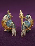 Серьги из лимонного золота 585 пробы c эмалью, фианитом, цитрином и сапфиром