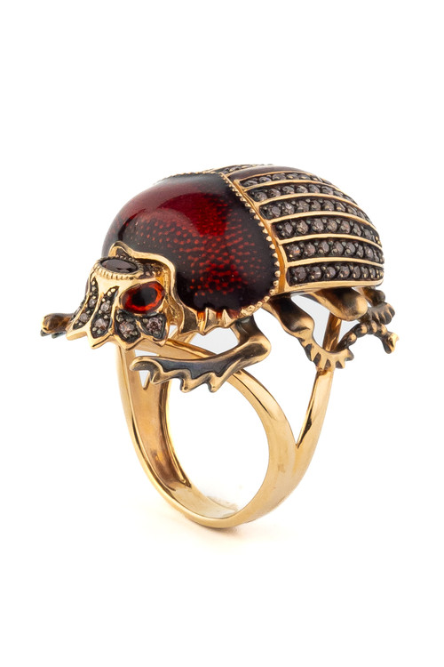 Кольцо из золота c эмаль , фианитом и гранатом