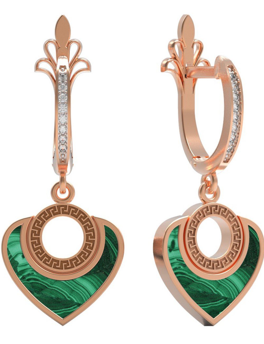 Серьги из золота 585 пробы c фианитом и малахитом