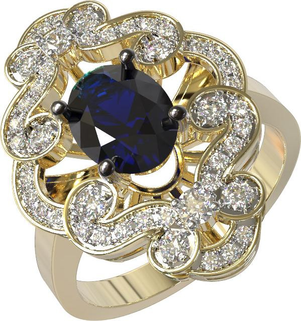 Кольцо из лимонного золота c бриллиантами и сапфиром
