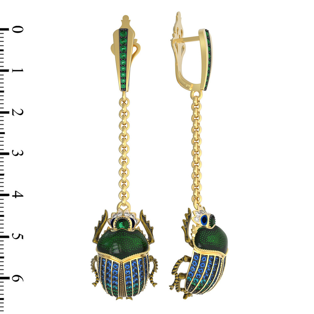 Серьги из лимонного золота c эмаль , фианитом, турмалином и сапфиром