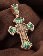 Крест из золота 585 пробы c эмалью и хризопразом