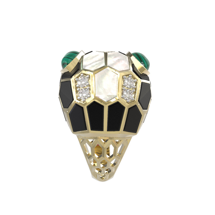 Кольцо из лимонного золота c бриллиантами, рубином, ониксом, малахитом и перламутром