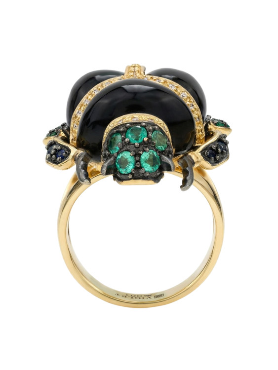 Кольцо из лимонного золота c бриллиантами, сапфиром, изумрудом и ониксом