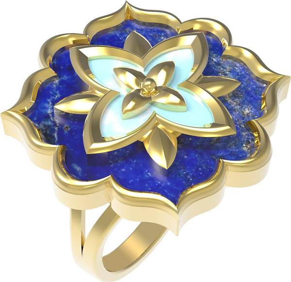 Кольцо из лимонного золота c бирюзой и лазуритом