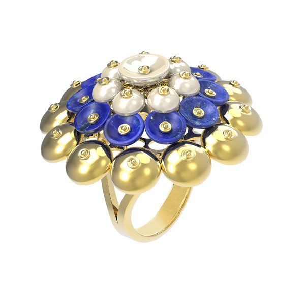 Кольцо из лимонного золота c лазуритом и перламутром