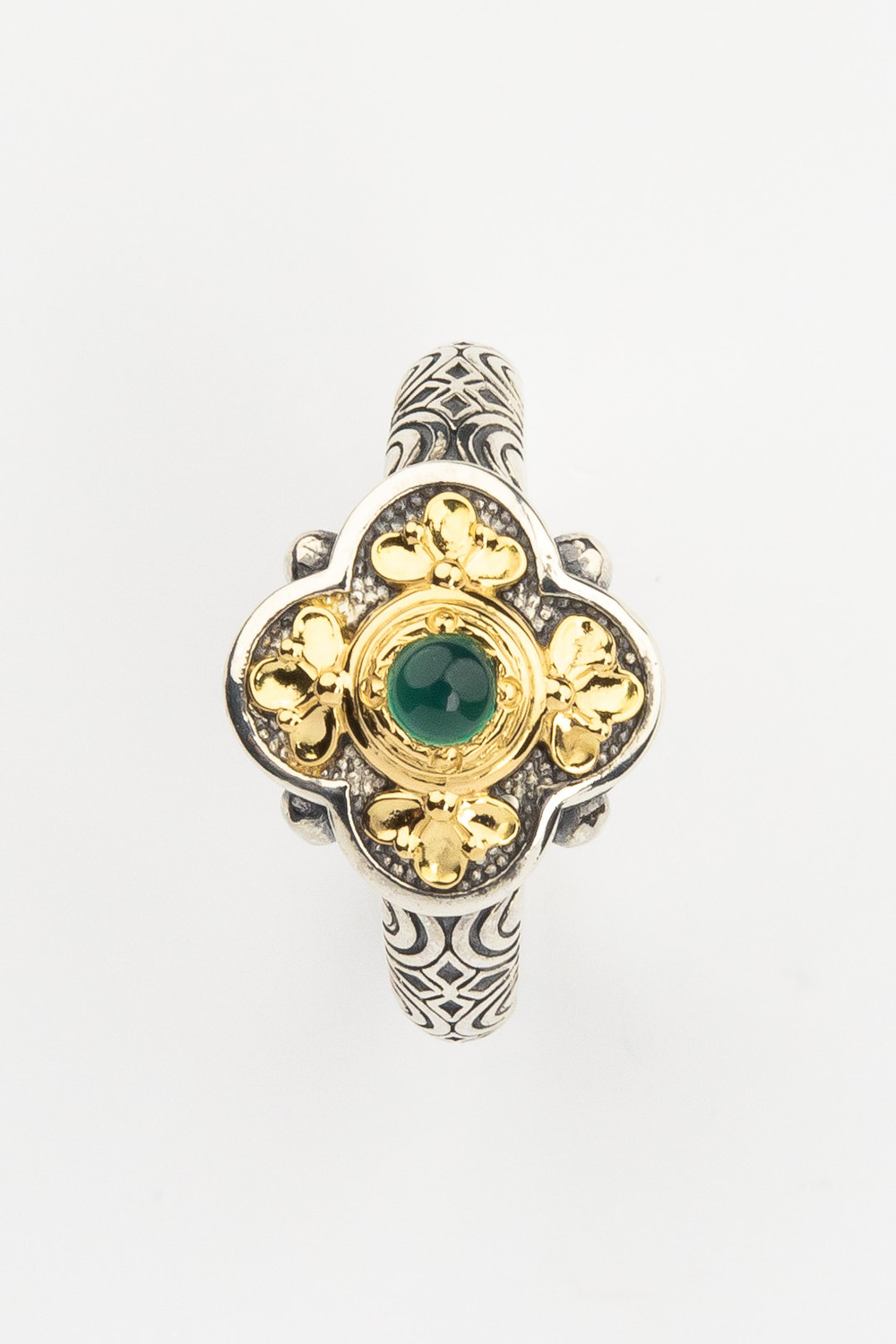 Кольцо из серебра и золота c хризопразом и рубином