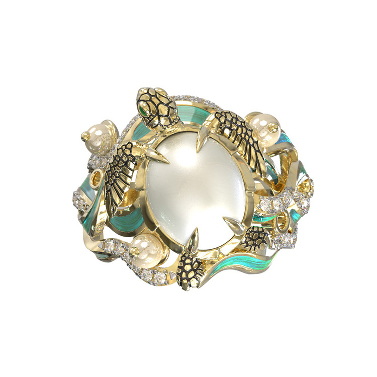 Кольцо из лимонного золота c эмаль , бриллиантами, жемчугом и перламутром