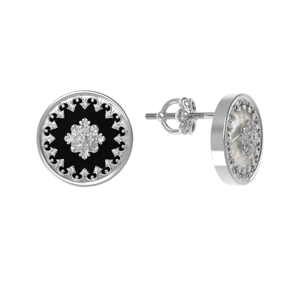 Серьги из белого золота c ониксом и перламутром