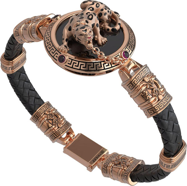 Браслет из золота c эмаль , шнурком, ониксом и рубином