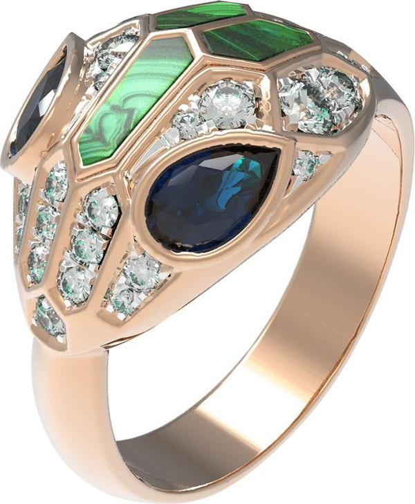 Кольцо из золота c бриллиантами, сапфиром и малахитом