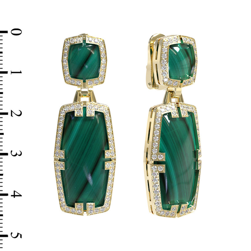 Серьги из лимонного золота c бриллиантами, рубином и малахитом