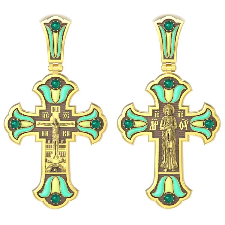 Крест из лимонного золота c эмаль и хризопразом