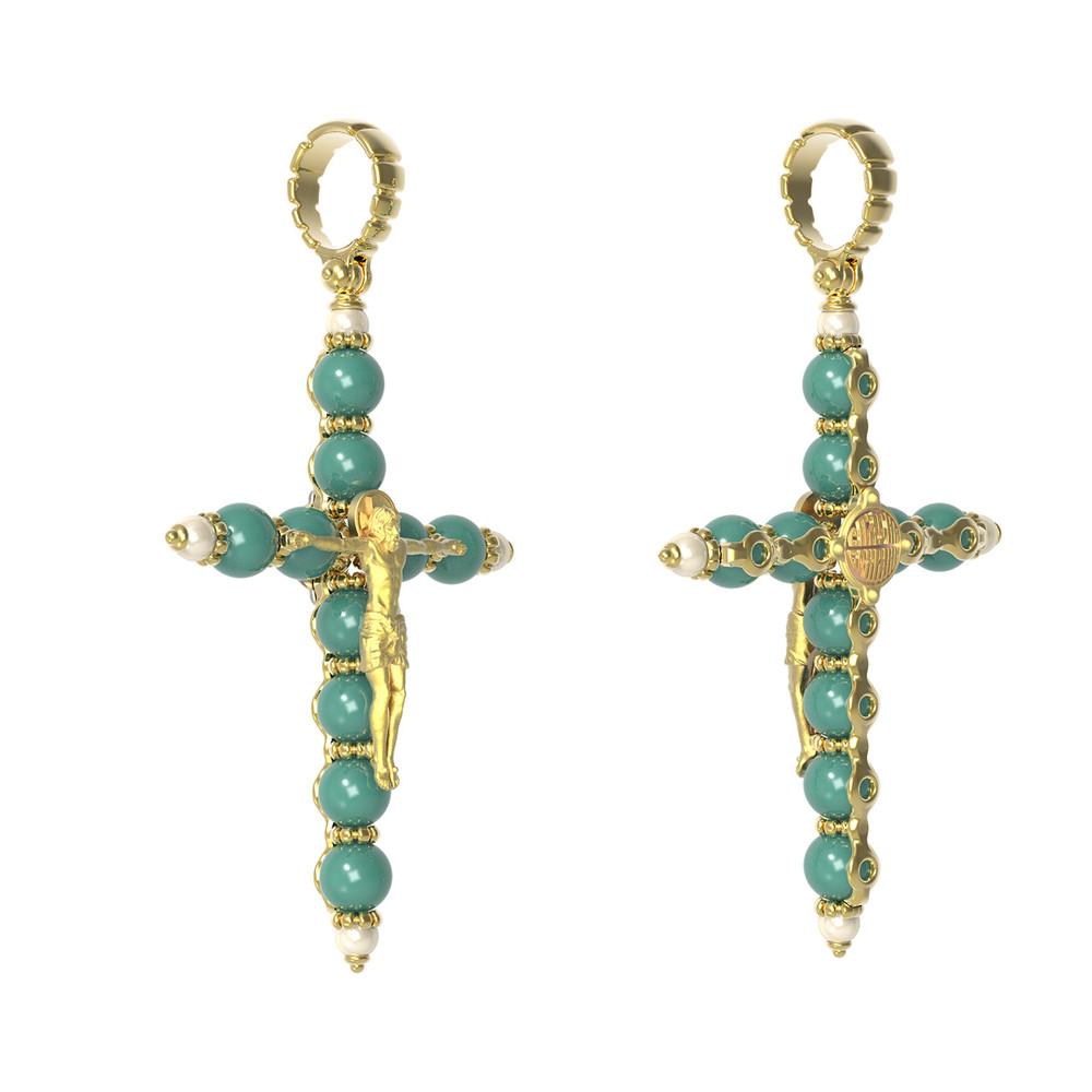 Крест из лимонного золота c жемчугом и бирюзой