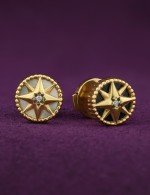 Серьги из лимонного золота 585 пробы c бриллиантами, ониксом и перламутром
