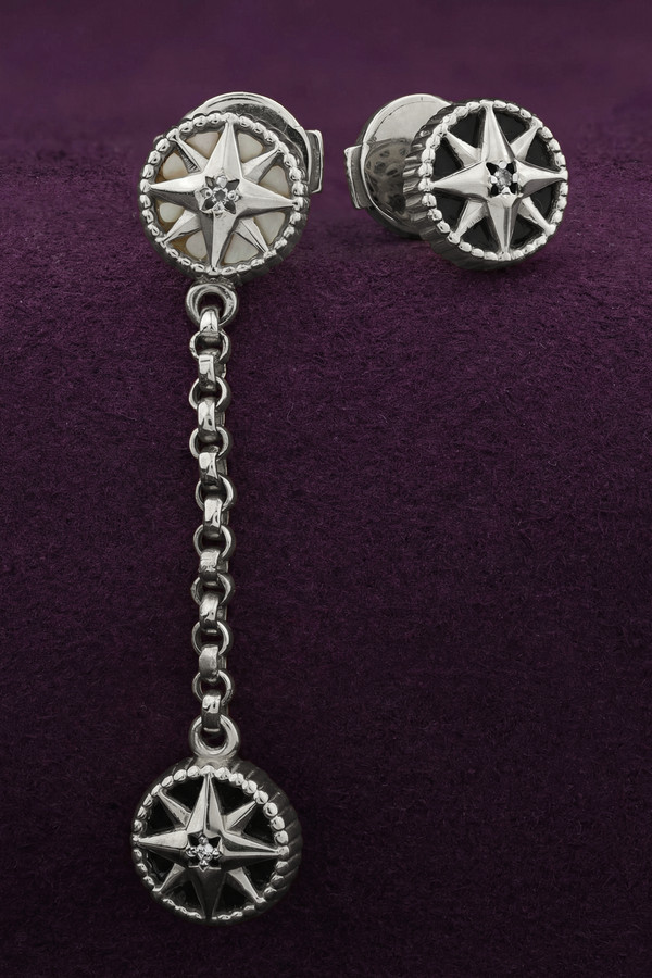 Серьги из белого золота c бриллиантами, ониксом и перламутром