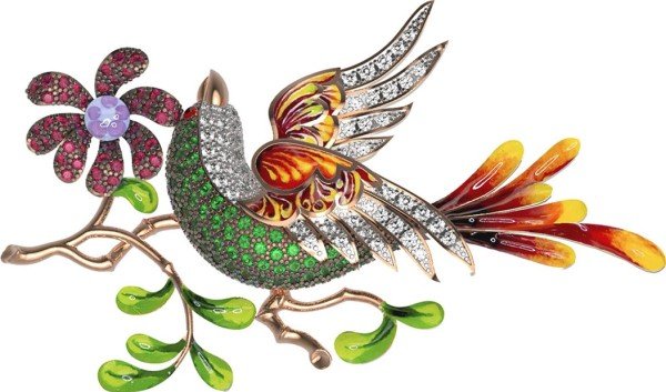 Брошь из золота 585 пробы c эмалью и фианитом