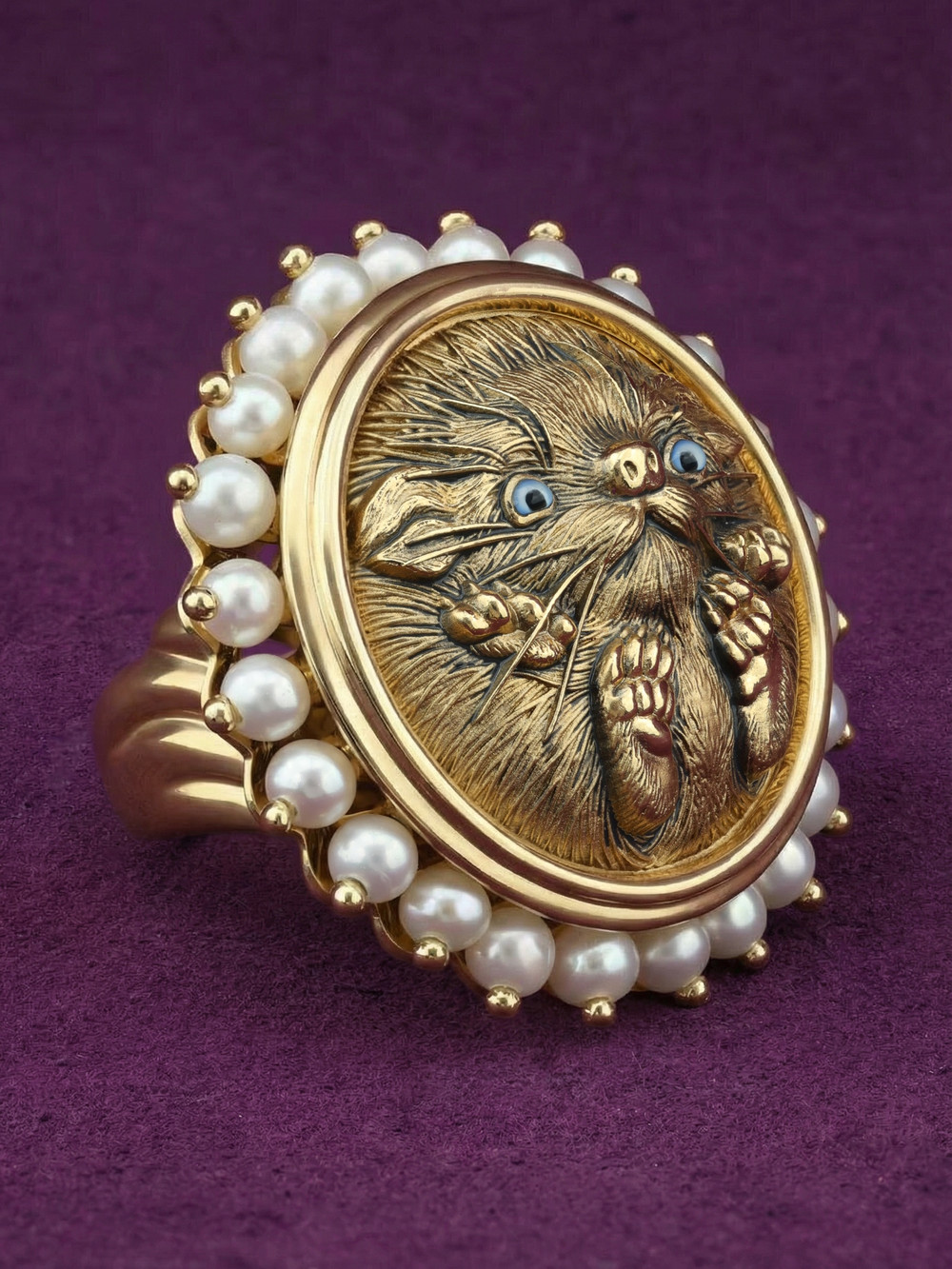 Кольцо из лимонного золота c эмаль и жемчугом