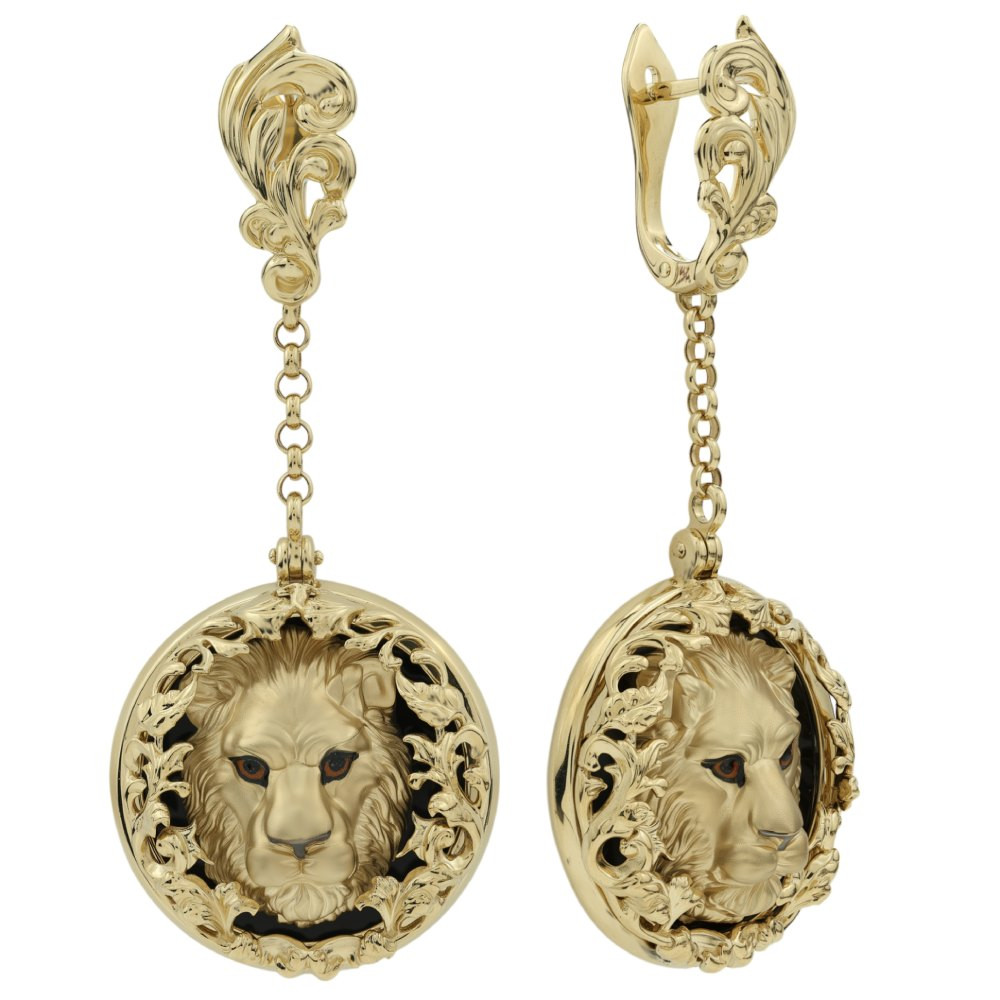 Серьги из лимонного золота c эмаль и ониксом