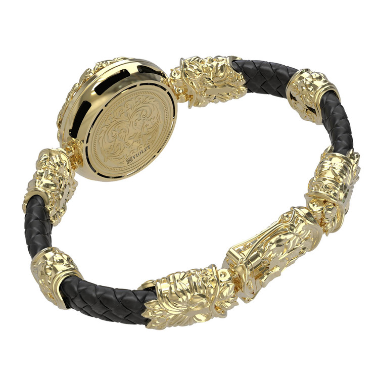 Браслет из лимонного золота c эмаль , шнурком и ониксом