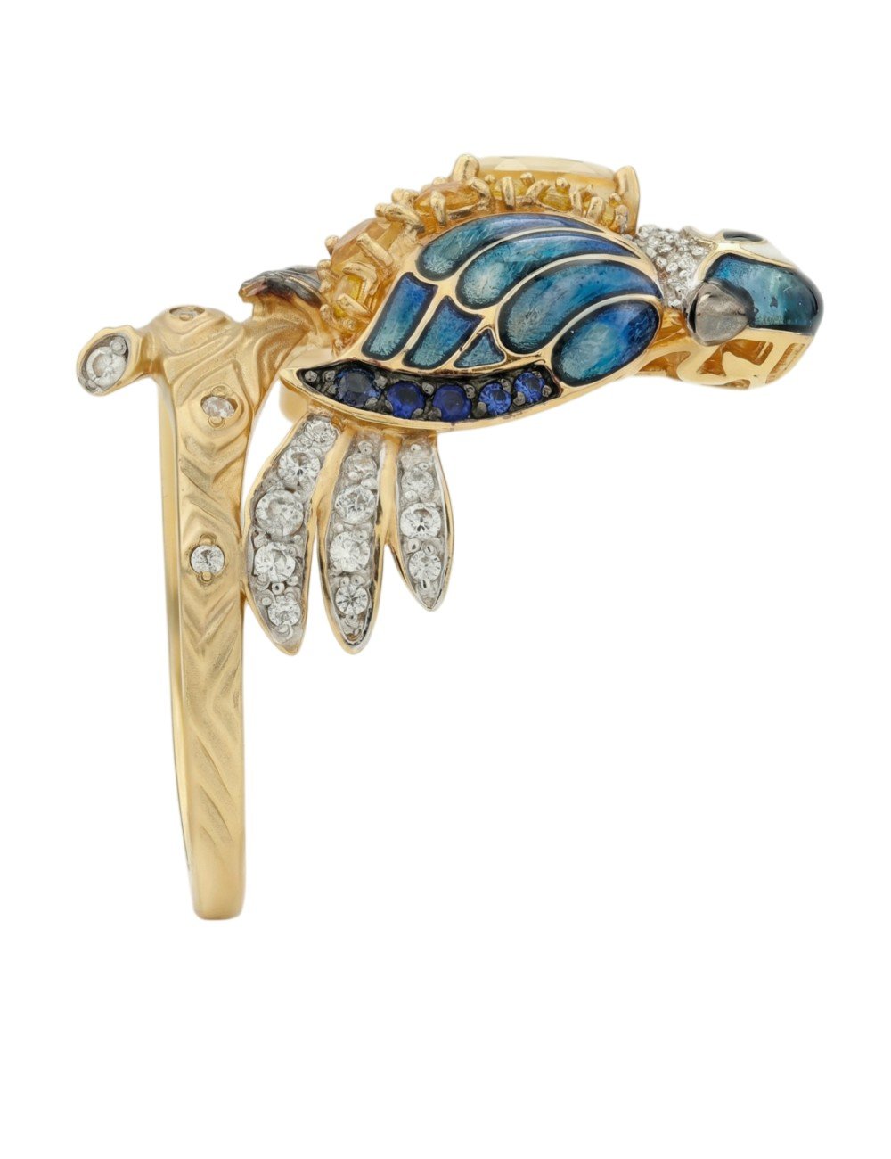 Кольцо из лимонного золота 585 пробы c эмалью, фианитом, цитрином и сапфиром