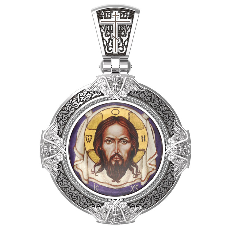 Образок из белого золота c эмаль , иконописью и темперой