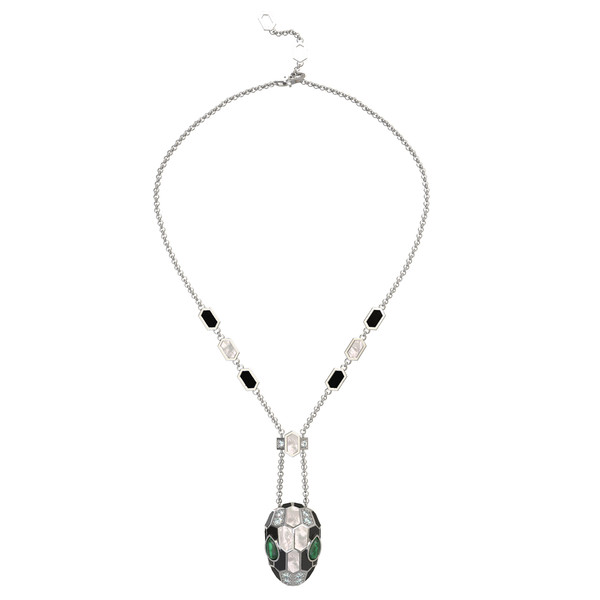 Колье из белого золота c бриллиантами, рубином, ониксом, малахитом и перламутром