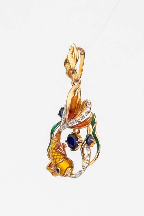 Подвеска из золота c эмаль , фианитом и сапфиром