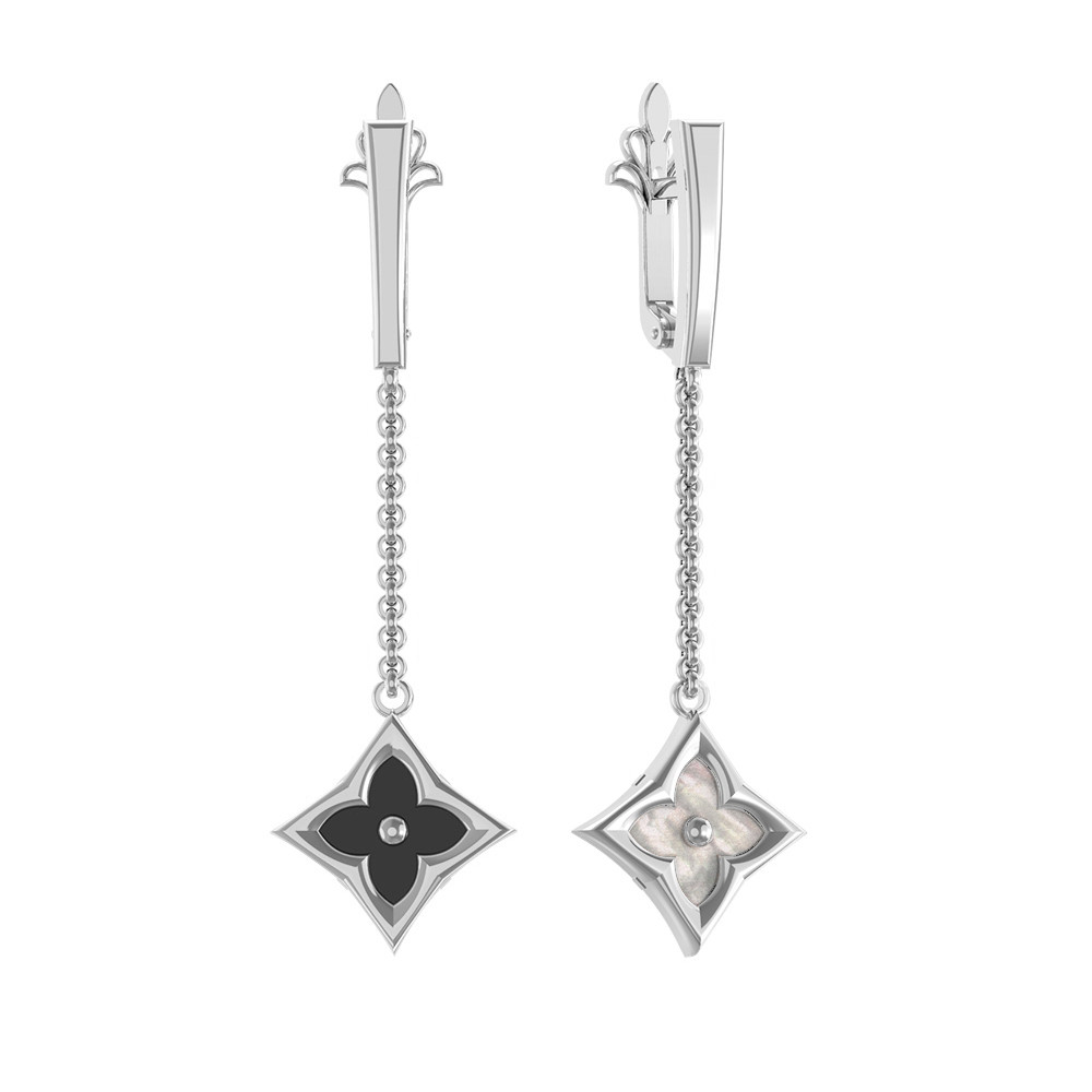 Серьги из белого золота c ониксом и перламутром