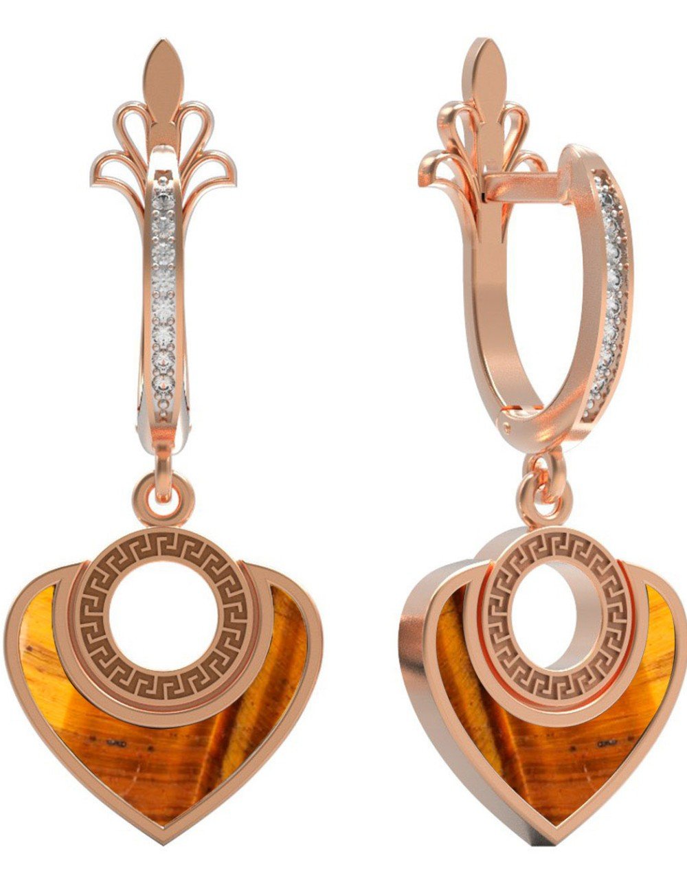 Серьги из золота 585 пробы c фианитом и тигровым глазом