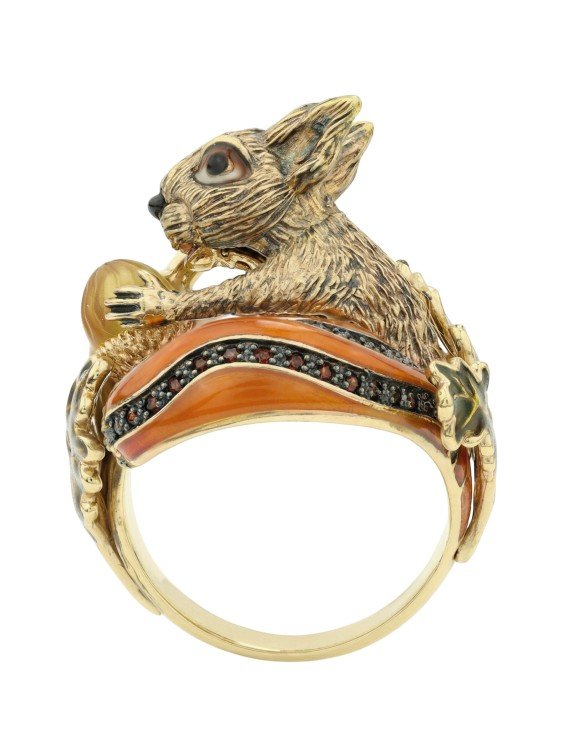 Кольцо из лимонного золота c эмаль , гранатом и янтарём