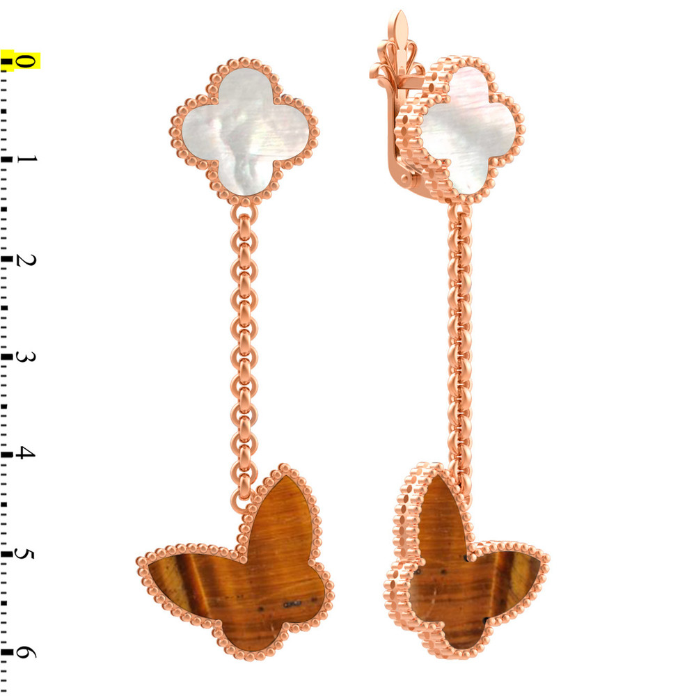 Серьги из золота c тигровым глазом и перламутром