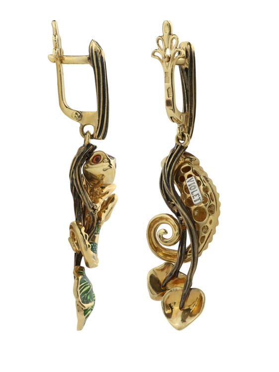 Серьги из лимонного золота c эмаль и гранатом