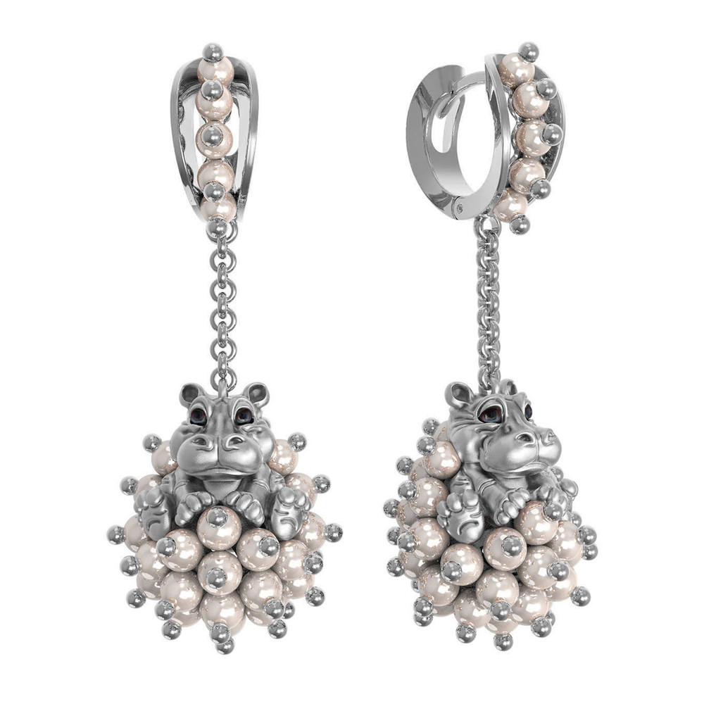 Серьги из белого золота c эмаль и жемчугом