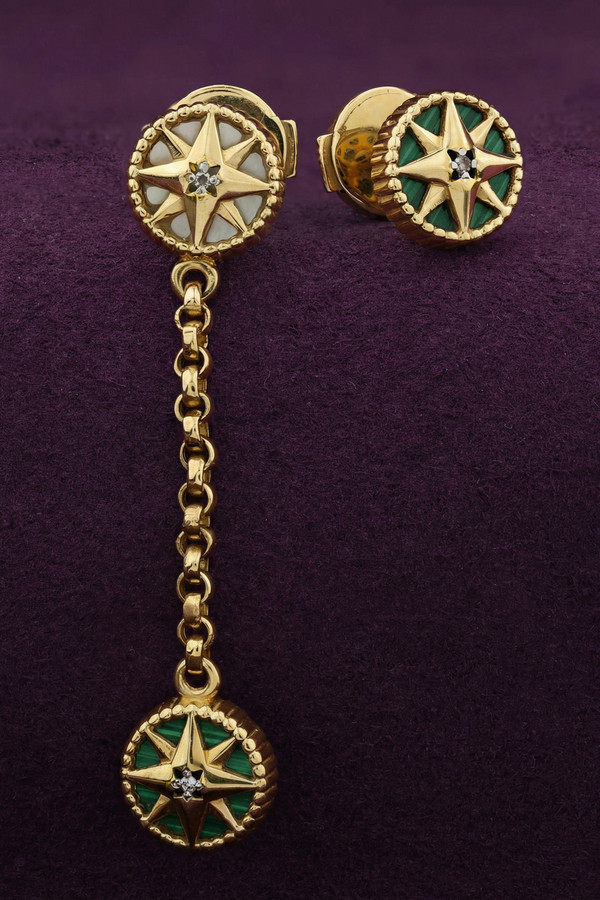 Серьги из лимонного золота c бриллиантами, малахитом и перламутром