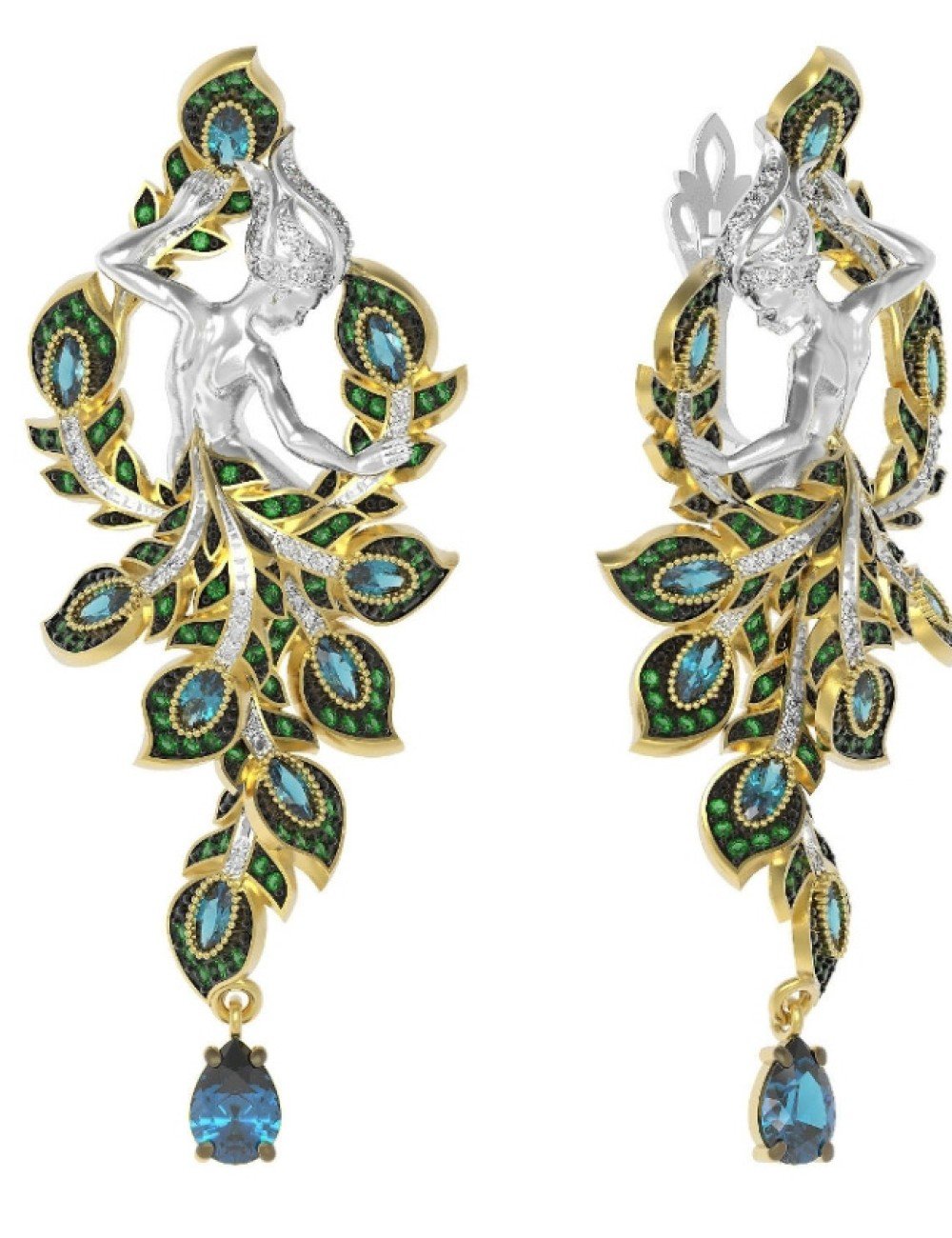 Серьги из лимонного золота 585 пробы c фианитом и топазом London Blue