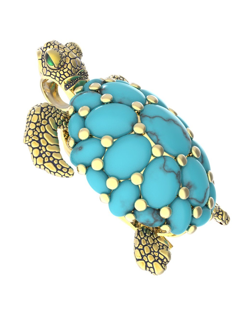 Брошь из лимонного золота 585 пробы c эмалью и бирюзой