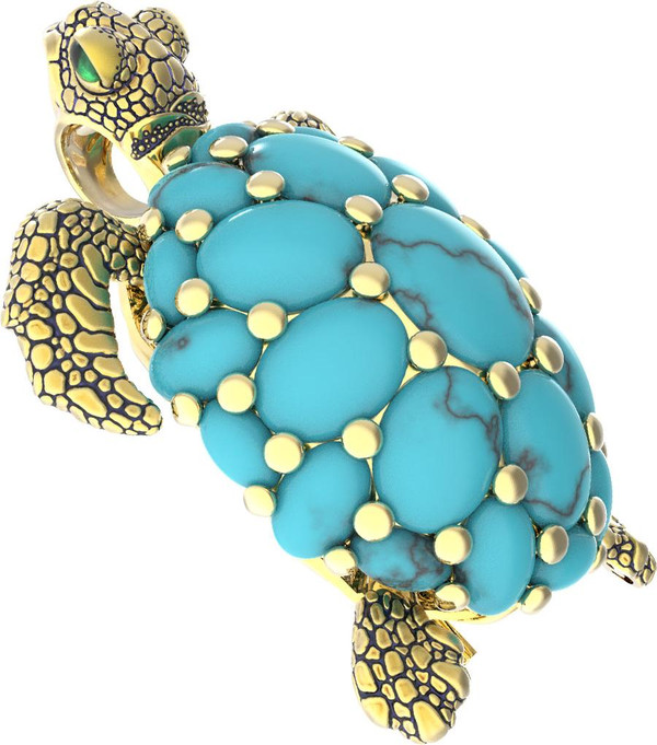 Брошь из лимонного золота c эмаль и бирюзой