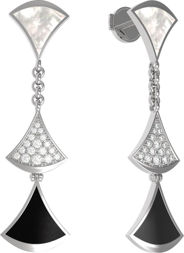 Серьги из белого золота c бриллиантами, ониксом и перламутром