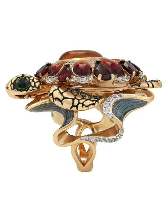 Кольцо из золота c эмаль , фианитом, гранатом и янтарём