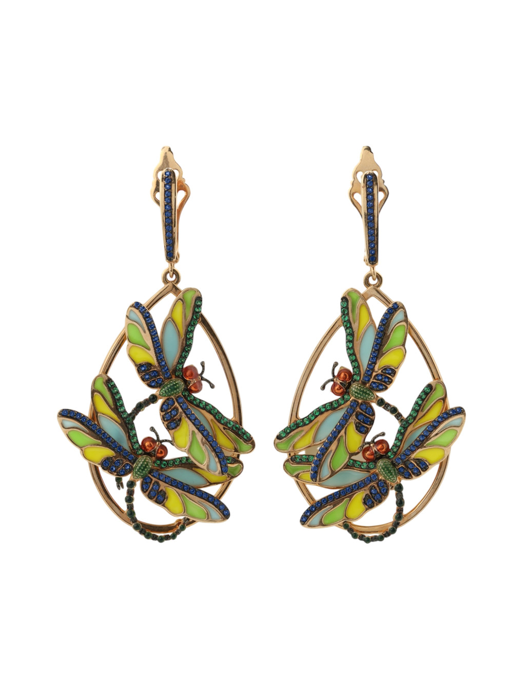 Серьги из золота c сапфиром, изумрудом и эмалью